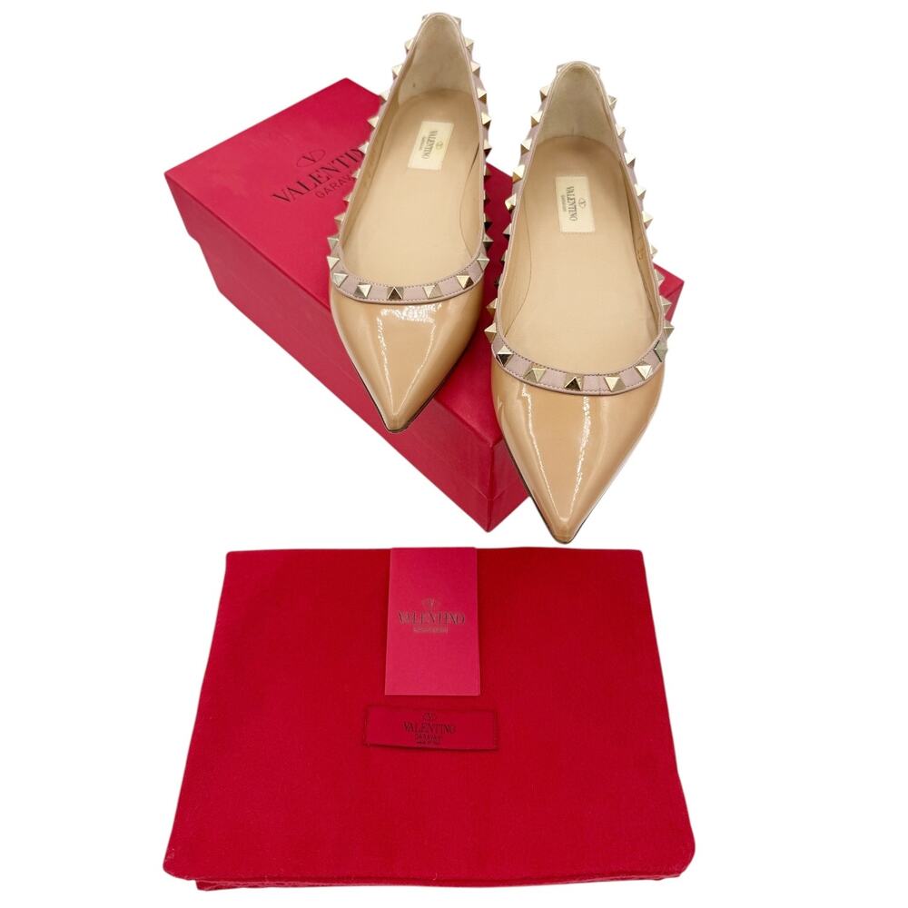 Valentino Garavani Rockstud Ballet Flat Shoes Nude Patent Leather Size 39 US 9 - Picture 2 of 15